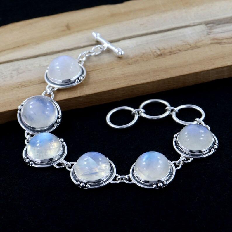 Радужный Лунный Камень Круглый Драгоценный Камень Цельное Серебро 925 пробы Ручной Работы Бохо Дизайнерский Браслет с Камнем-Талисманом