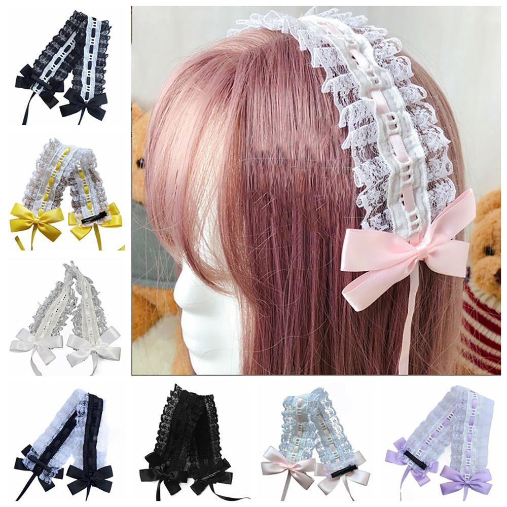 Многоцветная повязка на голову в стиле Лолиты с зажимами, милая кружевная повязка для волос, подарочный головной убор с бантом и лентой, женский головной убор