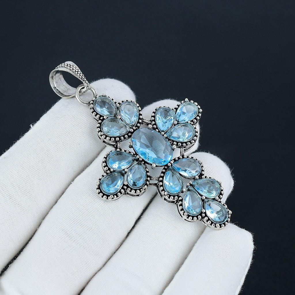 Удивительный серебряный крест с драгоценным камнем из голубого топаза из стерлингового серебра 925 пробы - дизайн груши ручной работы, повседневная одежда, праздничный наряд, подарок