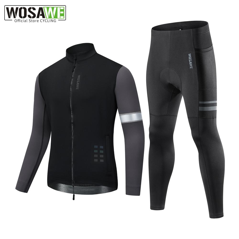 Wosawe Winter Men Cycling Set Thermal Fleece Soft Shell Jacket High Stretch Bicycle Riding Long Pants Warm Outdoor Sports Wear