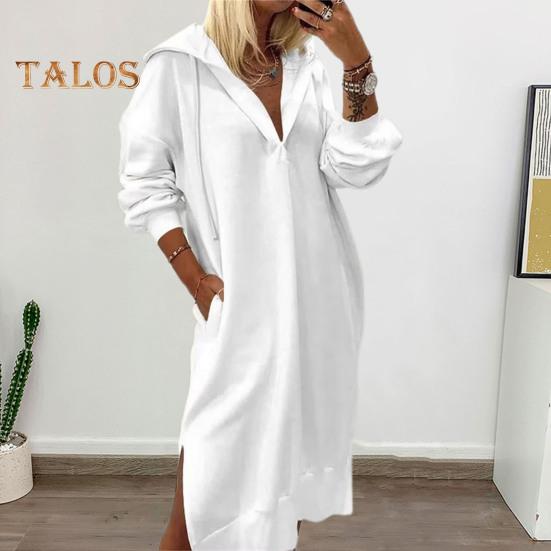 Осень-зима женское платье с капюшоном на шнурке с боковым разрезом Свободные длинные рукава Однотонный вязаный пуловер с карманами длиной до колен Повседневная одежда Платье миди