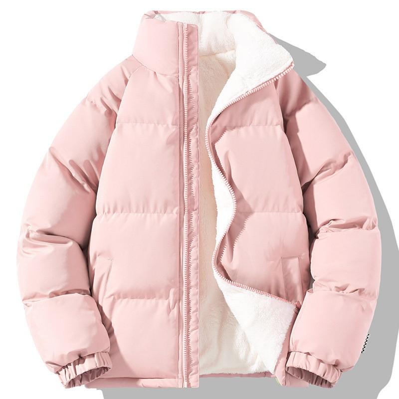 Unisex Warm Fleece Lined Cotton Puffer Jacket Loose Fit Stand Collar Winter Coat Men Women Teens