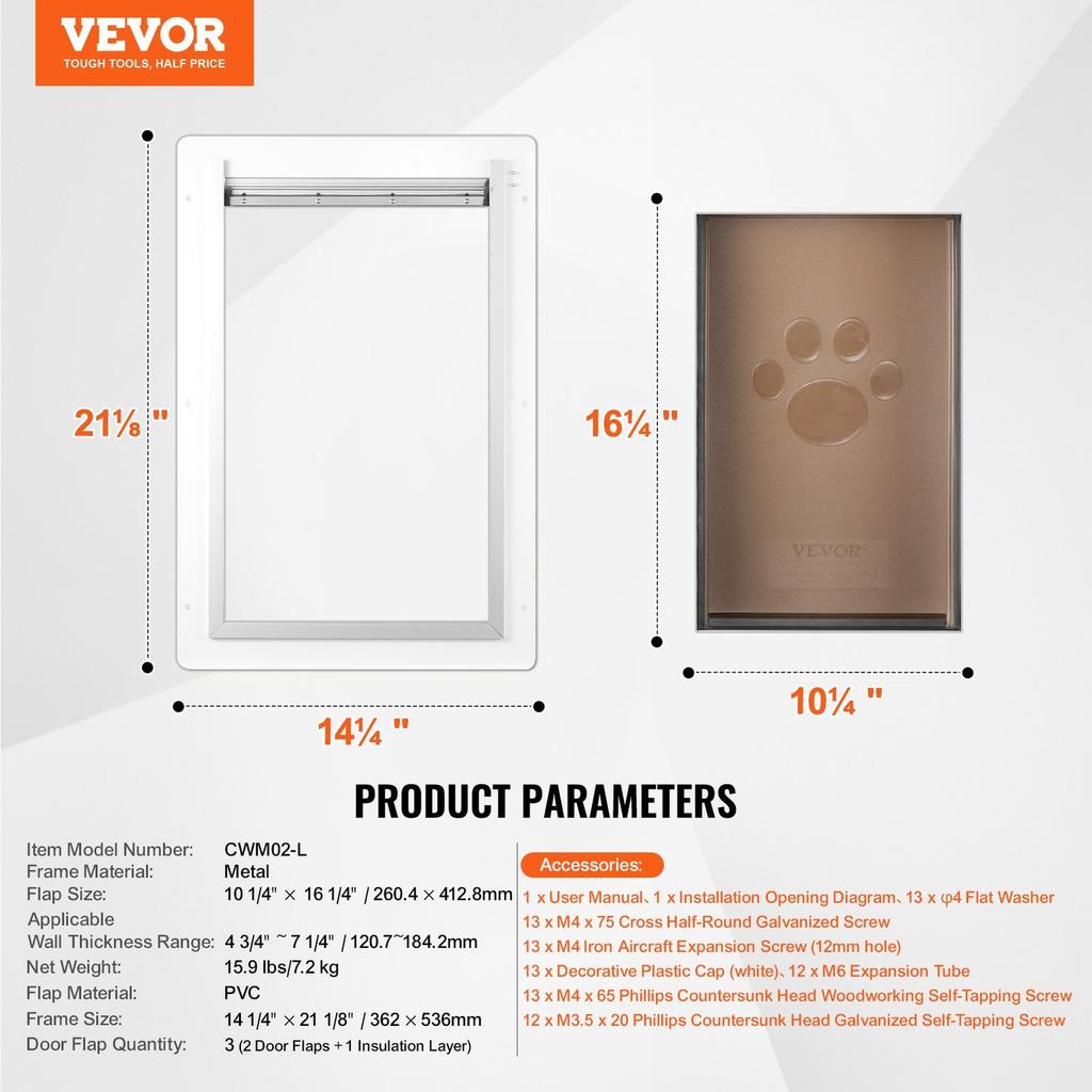 Pet Door for Wall with Lock and 3 Magnetic Flap System Metal Frame Large