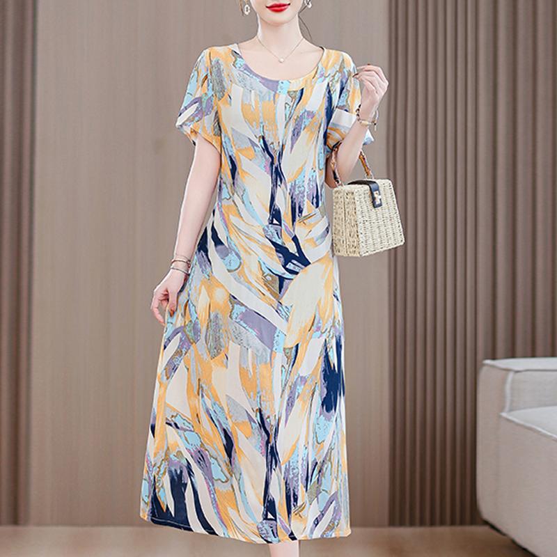 Летнее винтажное платье для женщин, повседневные платья больших размеров с короткими рукавами и поясом, элегантная женская одежда среднего возраста