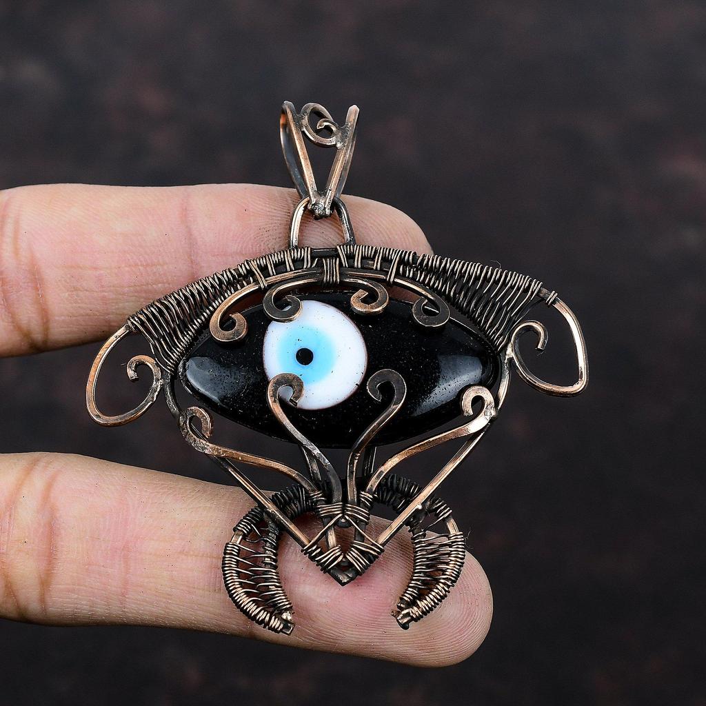 Подвеска с Глазом Фатимы черного цвета, обернутая медной проволокой, Подвеска с черепахой, Украшения из драгоценных камней, обернутые проволокой, Подвеска в стиле бохо ручной работы, Медные украшения
