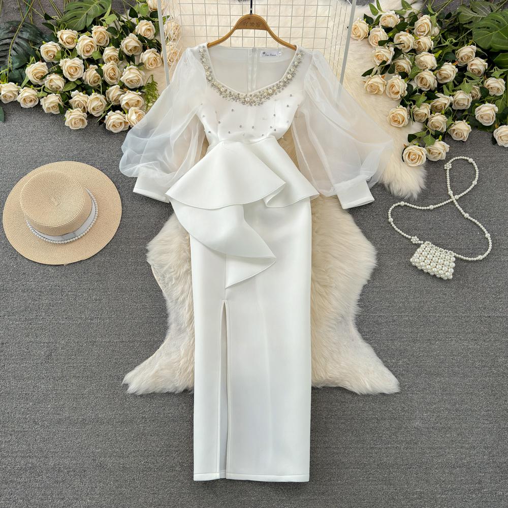 Элегантное женское платье, модное, с длинными рукавами, квадратным вырезом, запахнутой талией, оборками по краю, разрезом, запахнутым на бедрах, платье