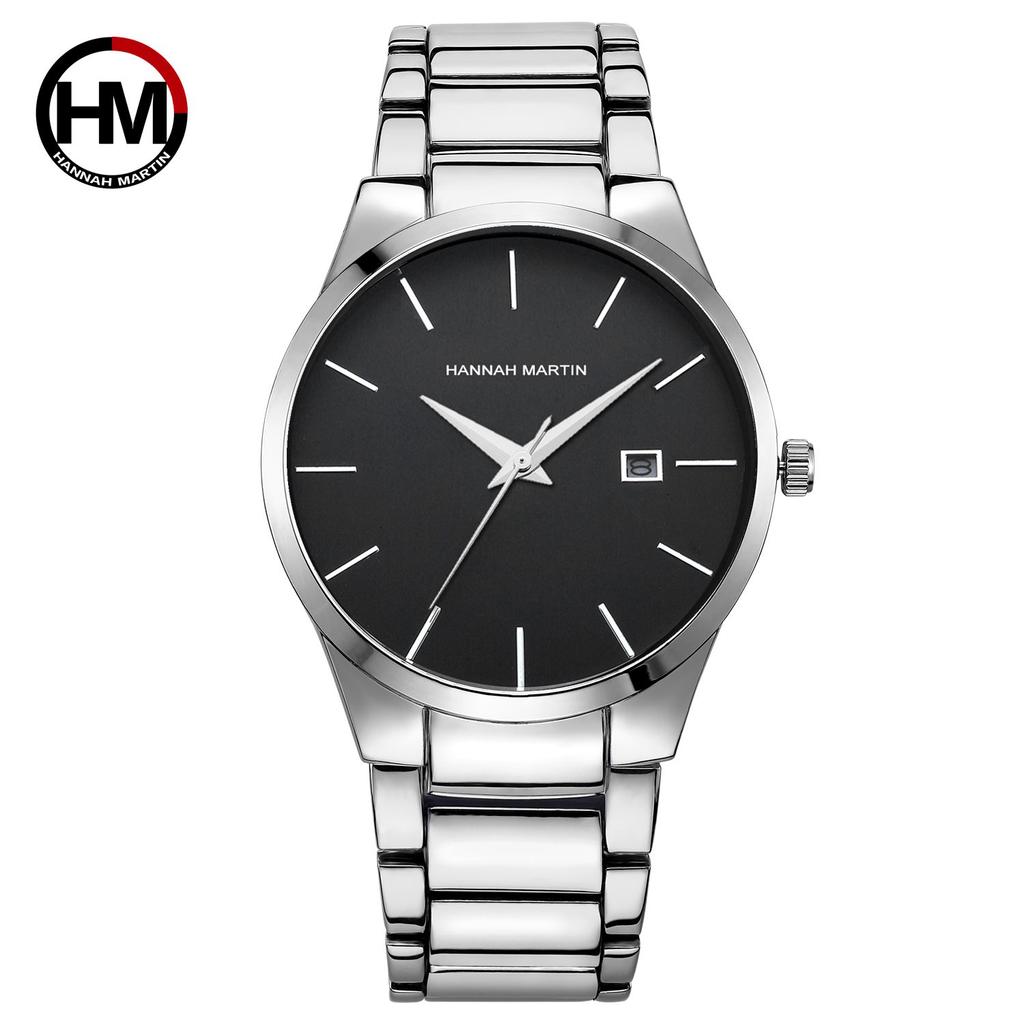 HANNAH MARTIN Men's Watch 40mm Stainless Steel Quartz Fashionable BusinessStyle 3ATM Water Resistance Unisex SportCalendar Watch