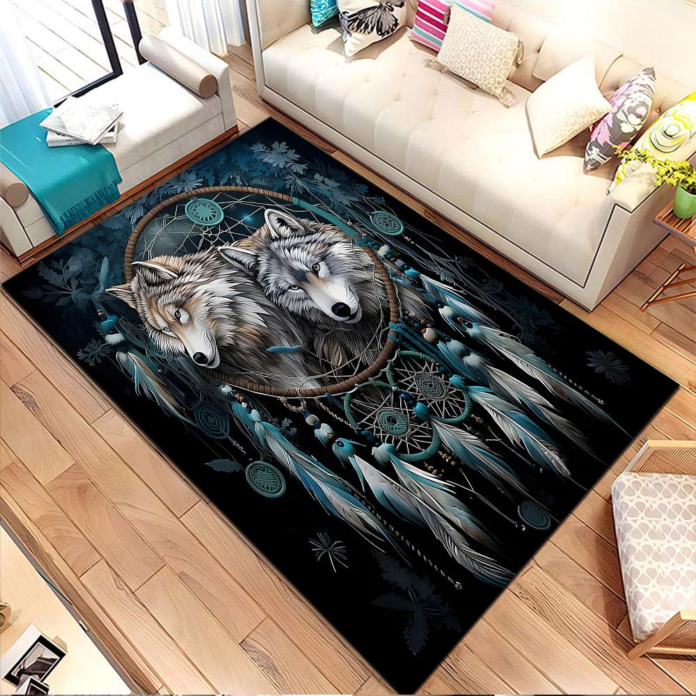Dreamcatcher with Wolves and Feathers Patterned carpet, non slip mat suitable for living room and bedroom sofas