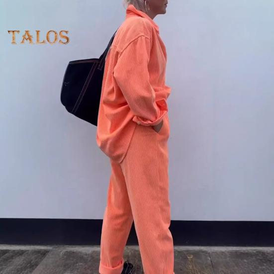 2 Pcs/Set Women Shirt Pants Set Turn-down Collar Single-breasted Long Sleeves Loose Top Drawstring Elastic Waist Wide Leg Trousers Sport Tracksuit