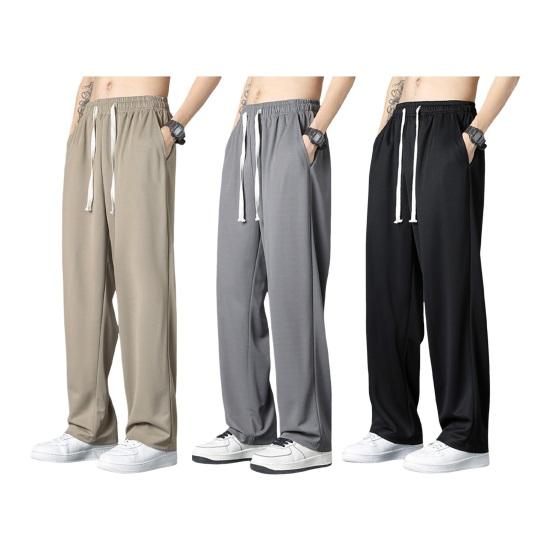 Men Sport Pants Loose Straight Wide Leg Drawstring Elastic Waist Soft Breathable Solid Color Gym Traning Jogging Sweatpants Full Length Trousers