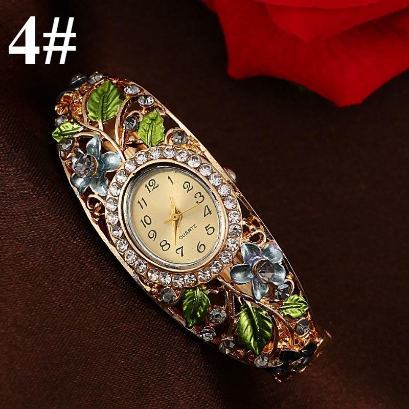 1шт браслет часы многоцветный кристалл цветочный узор браслет часы, деревенский аромат инкрустированный бриллиантами женский браслет