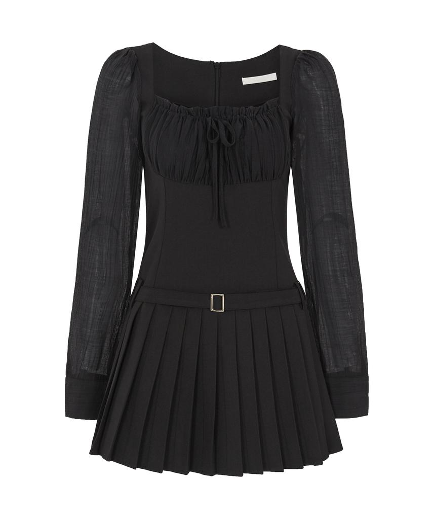 Iligo Preppy Ribbon Pleated Dress Black