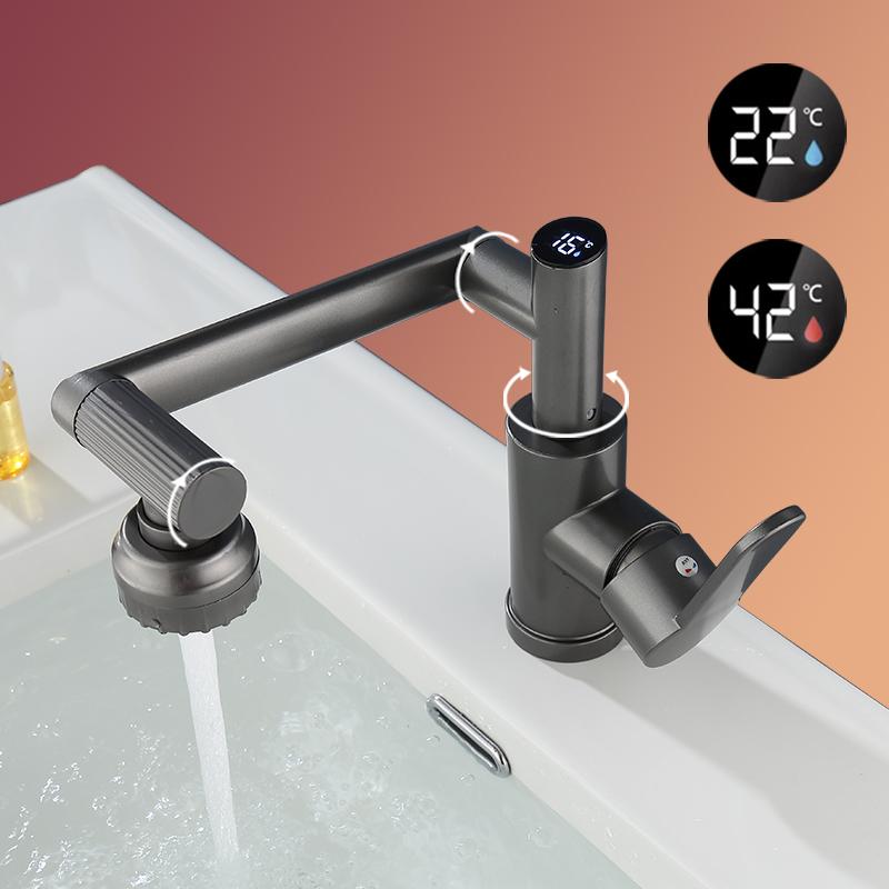Цифровой дисплей, светодиодный смеситель для раковины, водопроводный кран для ванны, поворот на 360 градусов, смеситель для ванной комнаты с одной пластиковой ручкой, смеситель для раковины, горячая и холодная вода