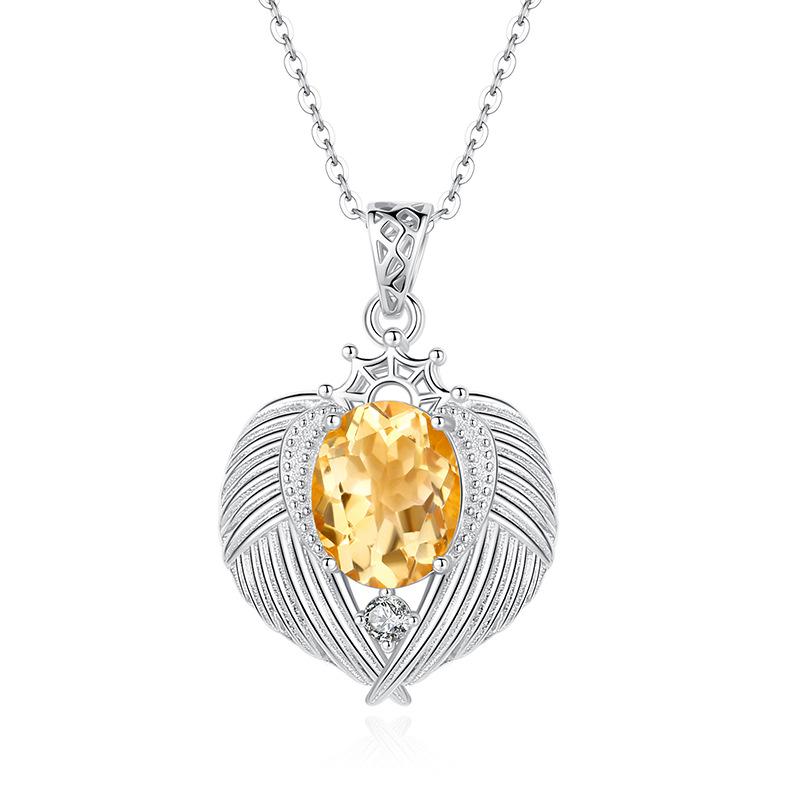 Natural Color Treasure Crystal Stone Angel Wings Pendant S925 Sterling Silver Necklace Women's Premium Clavicle Chain