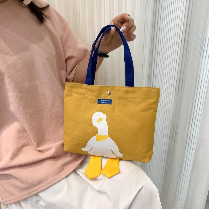 Cute Duck Canvas Tote Bag for Women, Small Handheld Shoulder Purse, Kawaii Cartoon Crossbody Bag for Daily Outings KTB