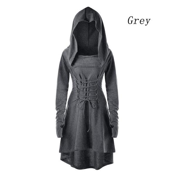 Womens Gothic Punk Cosplay Hooded Cloak Cape Coats Witch Swing Dress Costume