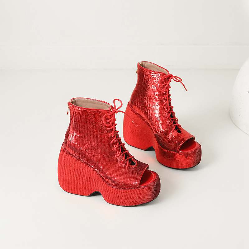 Krazing Pot Блестящая ткань весна лето размер 43 размер 42 женские платформы женские открытый носок сексуальные летние сапоги на шнуровке туфли-лодочки