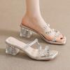 Fashion Clear PVC Band Slippers Woman Crystal Sandals Med-High Heels Slide Shoes Ladies Transaprent Heeled Sandalias Open Toe Flipflops