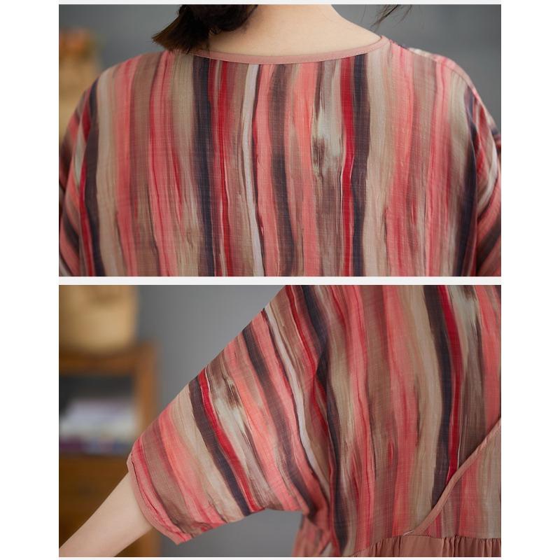 DIMANAF 2025 Женское летнее платье больших размеров Повседневное базовое винтажное плиссированное платье Свободное длинное платье-макси с принтом в полоску