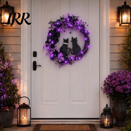 Black Cat Wreath with Lights Halloween Floral Garland, String Lights, Silhouette Garland Wreath, for Front Door Indoor Outdoor Wall Decor