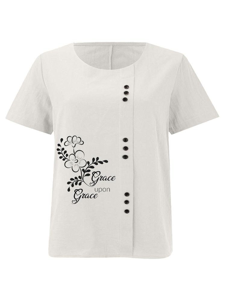 Women's Fashion Black Line Floral Letters Print Round Neck Short Sleeve T-shirt Casual Cotton Linen Graphic Shirt Leisure Loose Summer Blouse Tops