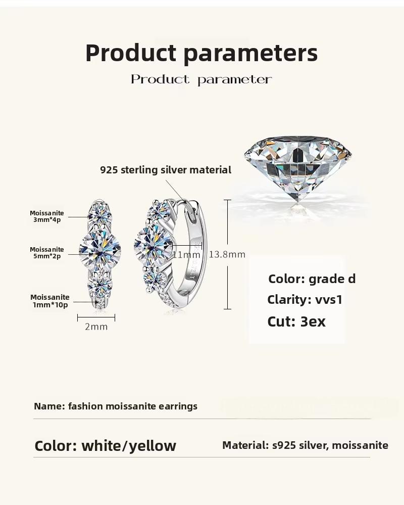 European American High-end Full Moissanite Hoop Earrings Women Popular Niche Design S925 Silver 14K Gold Plated Rhodium Plated