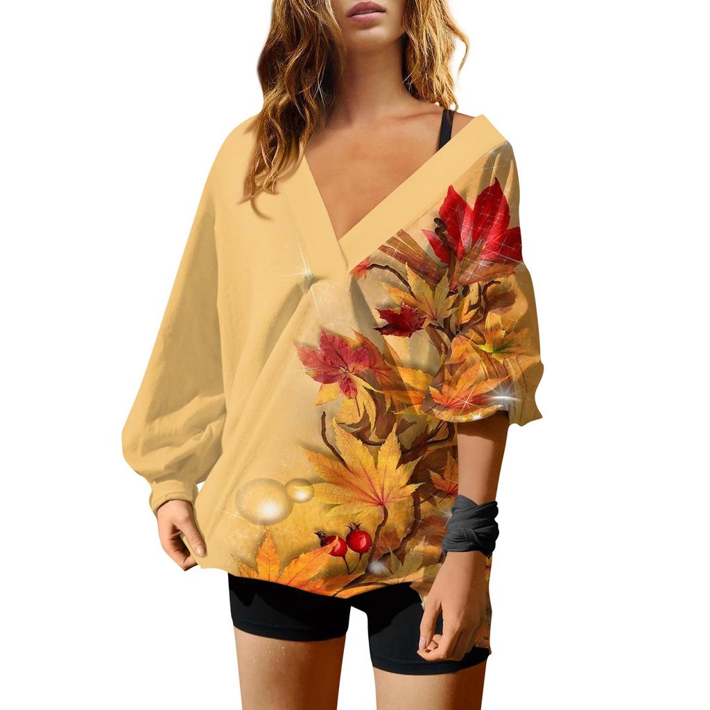 Женская мода V-образный вырез длинный рукав принтованный свободный пуловер свитшот топ