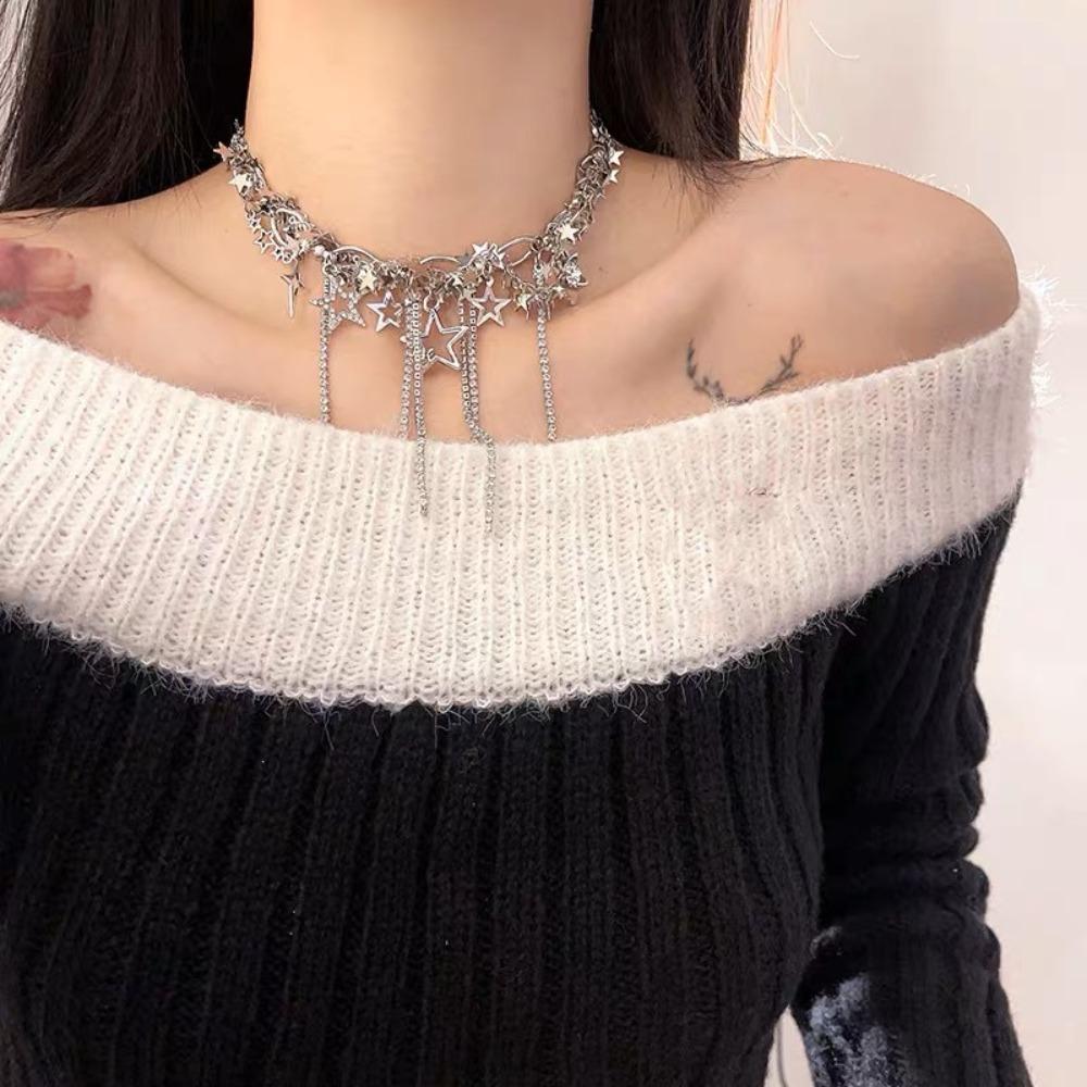 Electroplating Fashion Inlaid Rhinestone Necklace Alloy Charm Necklace Y2k Style Tassels Necklace