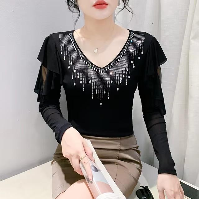 High Quality Spring Autumn Women Blue Black Mesh Inlaid Diamonds Ruffles TShirt Fashion Long Sleeve Slim Tops Sexy V-neck Casual Tees