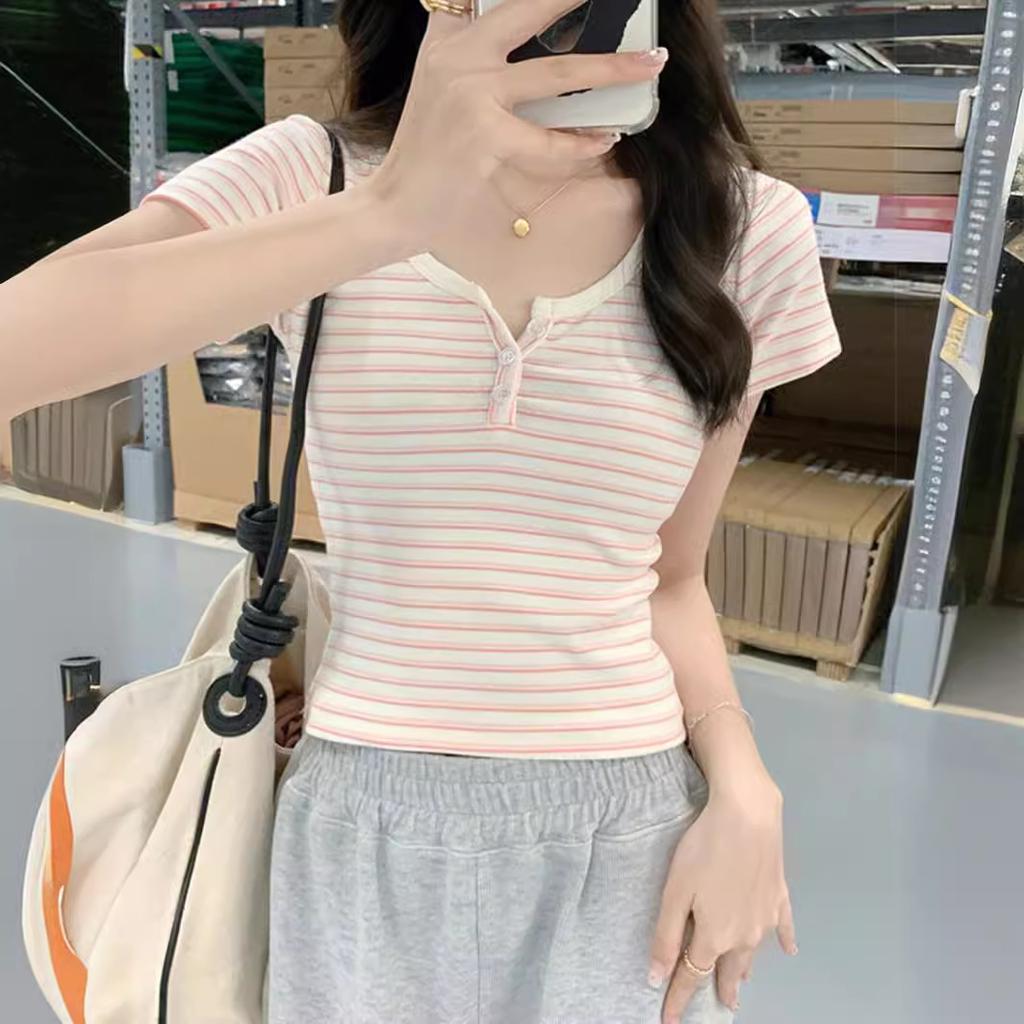 Striped Clavicle-exposed Short-sleeved T-shirt for Women's Summer Contrasting Base Shirt Sweet Hot Girl Short Sweater Top