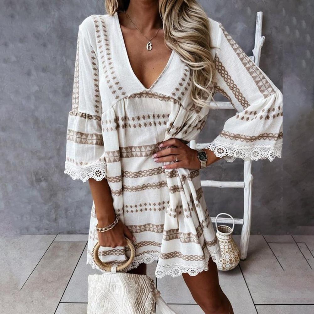 Женское богемное платье трапециевидной формы с рукавами 3/4 и V-образным вырезом, праздничный пляжный сарафан