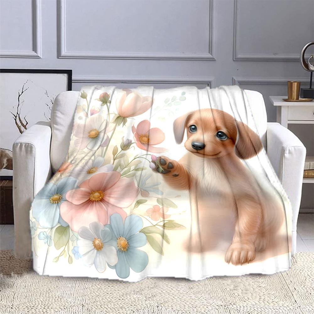 Puppy with Pastel Flowers Patterned flannel blanket perfect for the bedroom living room, sofa, or a little nap