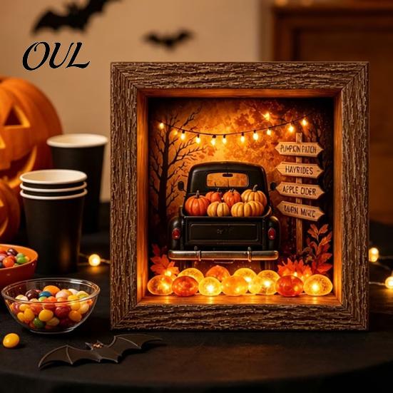 Craft Gifts for Adults DIY Lighted Halloween Ghost Shadow Box Kit, Wooden Frame LED Warm Light, Gothic Bedroom Decor Memory with Crystal Glass Panel,