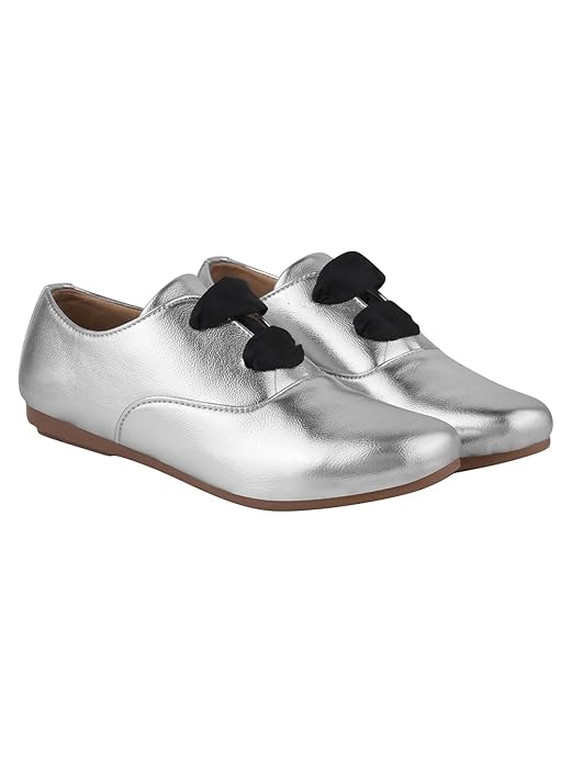 Shoetopia Women Dress Shoes Stylish Metallic Flats with Black Bow Detail, Perfect for Formal & Casual Occasions