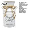 Home Desktop Flower Decor Vintage Iron Can Bucket, Double-Handle Metal Vase with Jute Bow & Embossed Heart/HOME Galvanized Pot Print, Tabletop