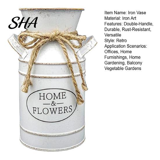 Home Desktop Flower Decor Vintage Iron Can Bucket, Double-Handle Metal Vase with Jute Bow & Embossed Heart/HOME Galvanized Pot Print, Tabletop