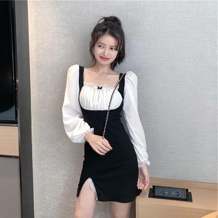 Контрастное платье с квадратным вырезом и кружевными рукавами с разрезом на талии для похудения