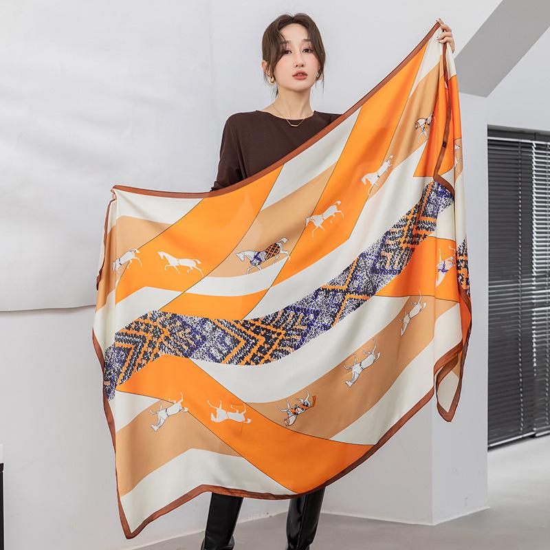 Ранняя весна, новый простой красочный геометрический длинный шелковый шарф с цветными блоками, корейская версия дамского темпераментного длинного платка для путешествий