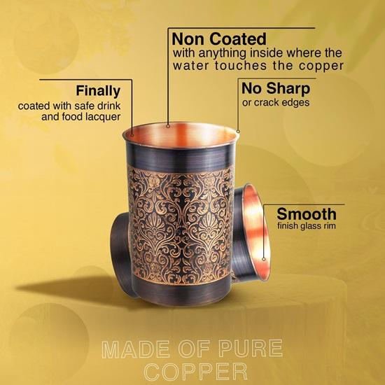 Set Of 6 Copper Water Glass With Carving Design And Black Royal Glossy Finish Specially Made For Dining Kitchen  250 ML