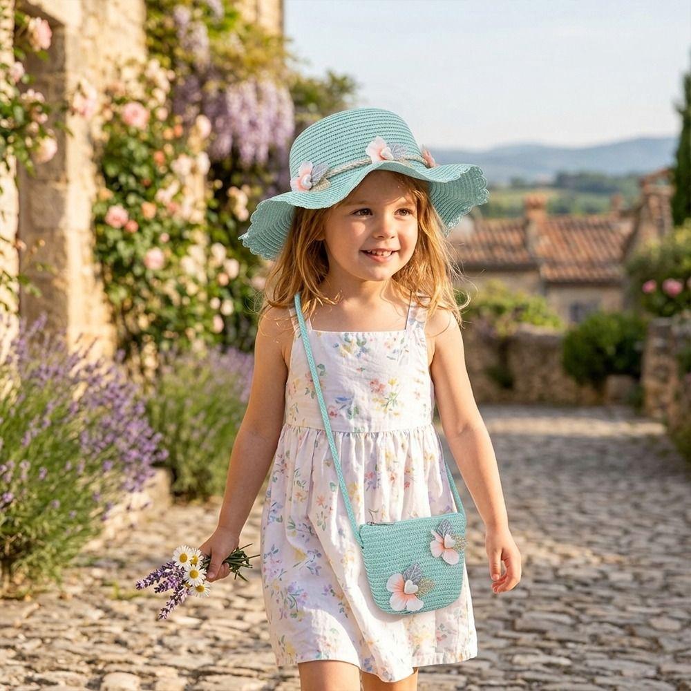2Pcs/Set Sun Hat Children Beach Hats Set Wide Brim Straw Wide Hat New Straw Hat Beach Bag Set Party