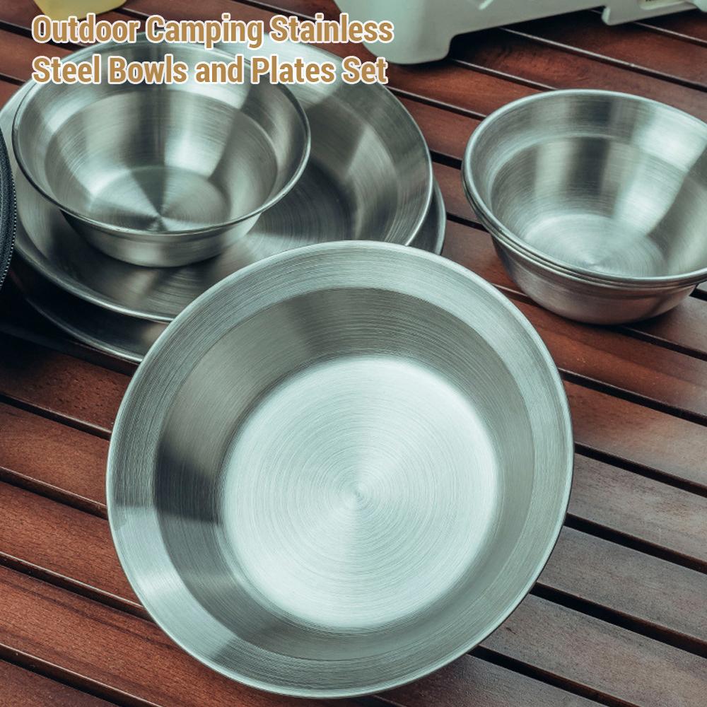 8pcs Camping Tableware Sets Reusable Stainless Steel Plates and Bowls for Outdoor Camping Hiking