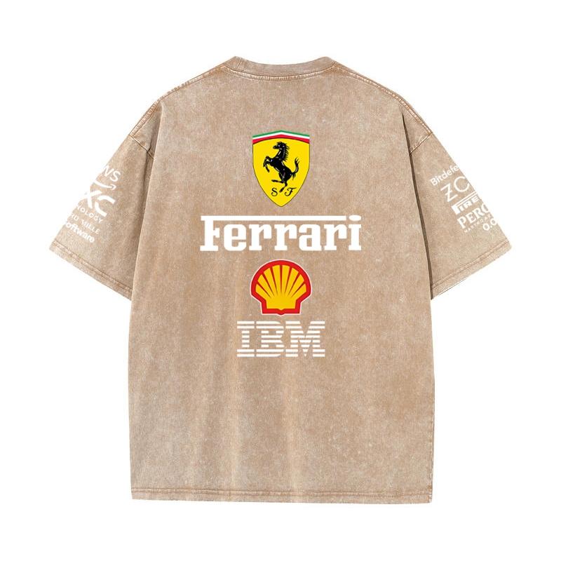 Винтажная стираная черная футболка Ferrari F1 Racing Оверсайз с коротким рукавом Ретро Логотип спонсора автоспорта Печать Повседневная уличная одежда Свободный топ