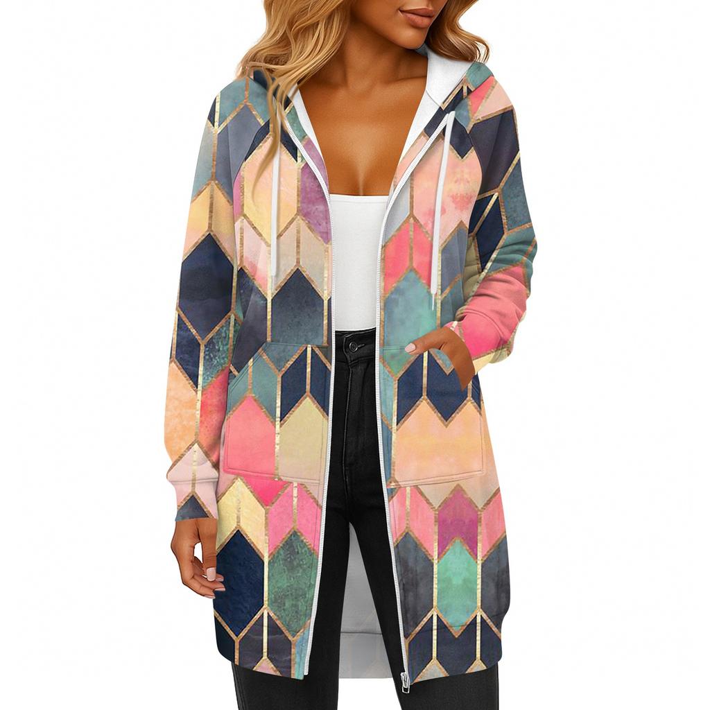 Women's Fashionable Printed Long Sleeved Drawstring Hooded Zipper Pocket Long Casual Sweatshirt Jacket