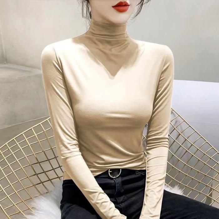 Women's Slim Fit Long Sleeve T-shirt, Double Plush, Mid-High Neck, Thickened for Autumn/Winter Warmth