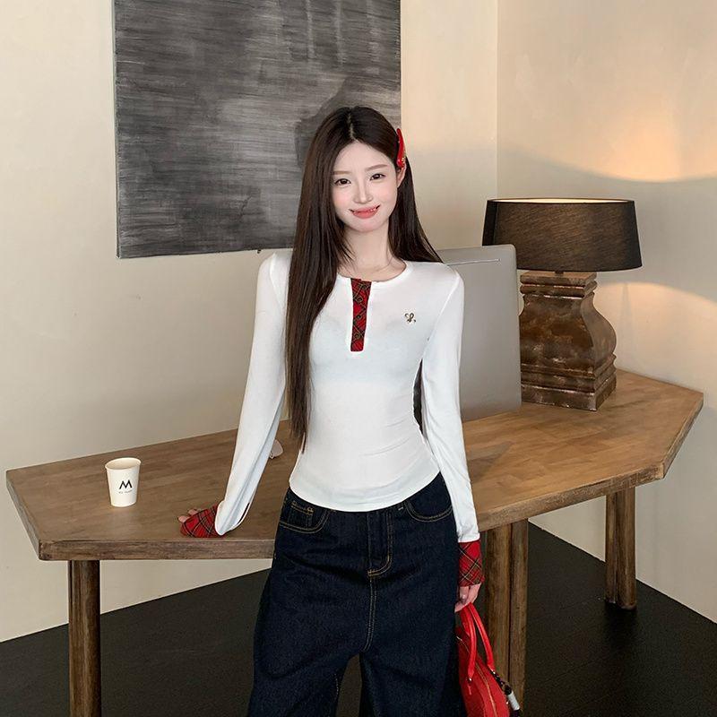 Корейские дизайнерские клетчатые футболки женские осенне-зимние лоскутные футболки с длинным рукавом винтажные топы с круглым вырезом в стиле 2000-х годов