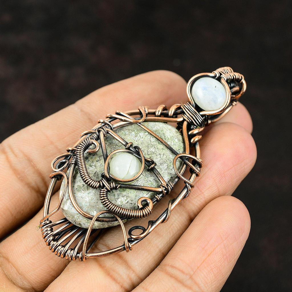 Подвеска из ископаемого коралла Глаз Дьявола, обернутая медью, с радужным лунным камнем, ручной работы, украшение Глаз Дьявола, подарок для матери, дизайнерское украшение