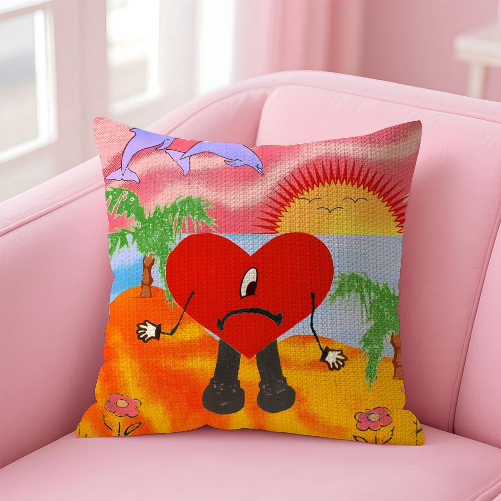 BBad BunnyY Singer Cushion Cover Natural Linen Pillow Case DoubleSided Print Decorative Sofa Pillowcase Home Decor Gift