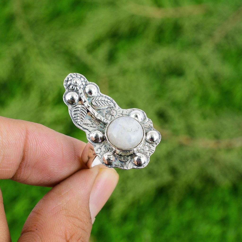 Sterling Silver Round Rainbow Moonstone Stone Promise Stackable Wife Flower Ring