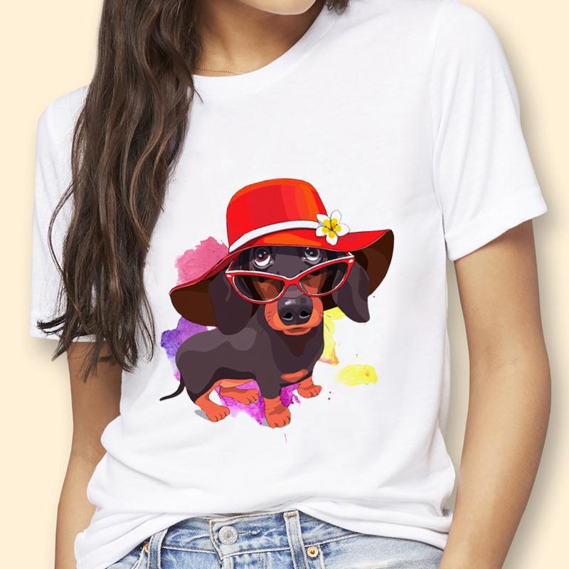 Cute Dachshund Printed T Shirt Women Summer Clothes Tops Female White T-Shirt Femme Clever Dog Lover Tshirts Casual Tees