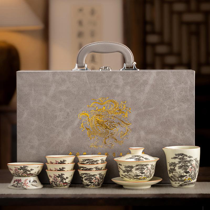 Huang Ru Kiln Kung Fu Tea Set Black Pine Plum Blossom Teapot Set Household Light Luxury High-end Ceramic Brewing Teapot Gift Box